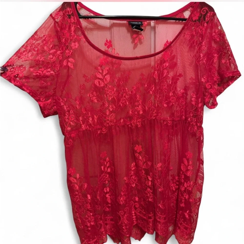 Torrid Red Lace Short Sleeve Babydoll Sheer Blouse - Picture 6 of 6